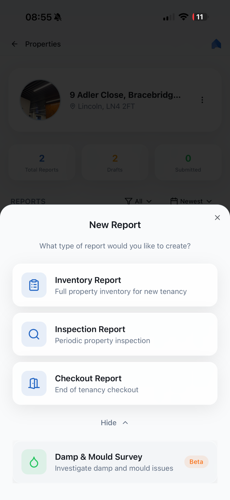 FreshRent app showing new report creation with multiple report types