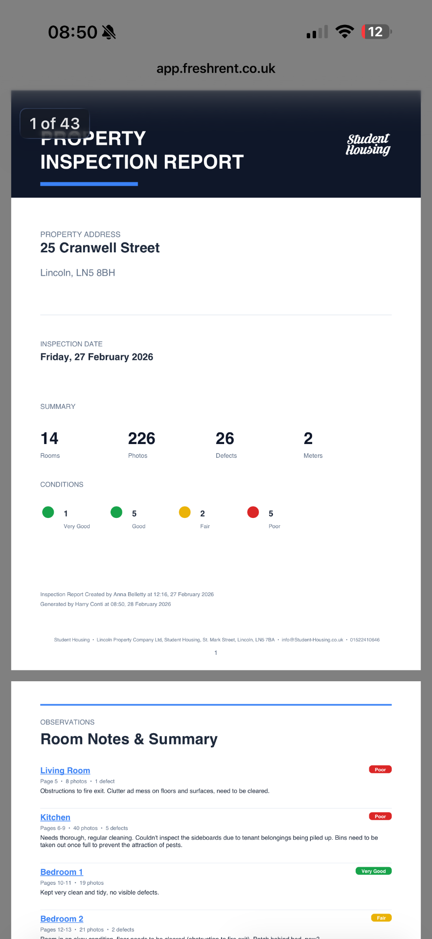 Professional PDF report generated by FreshRent showing room-by-room photos and condition notes