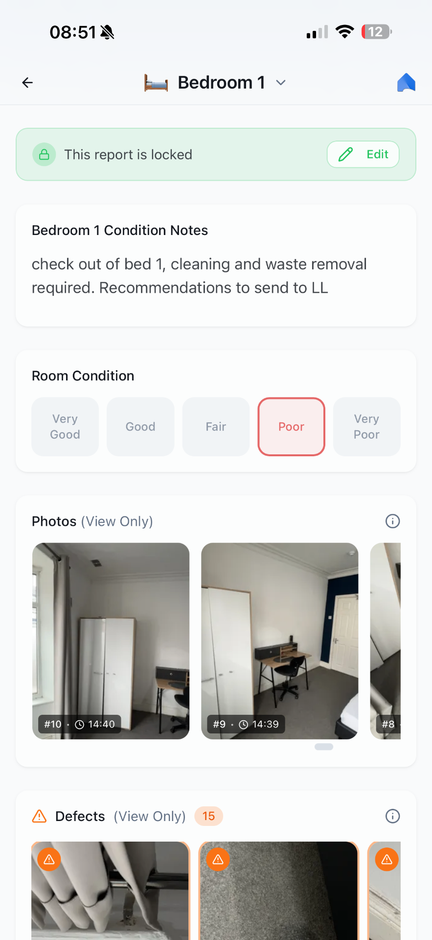 FreshRent app showing AI room condition assessment with photo gallery