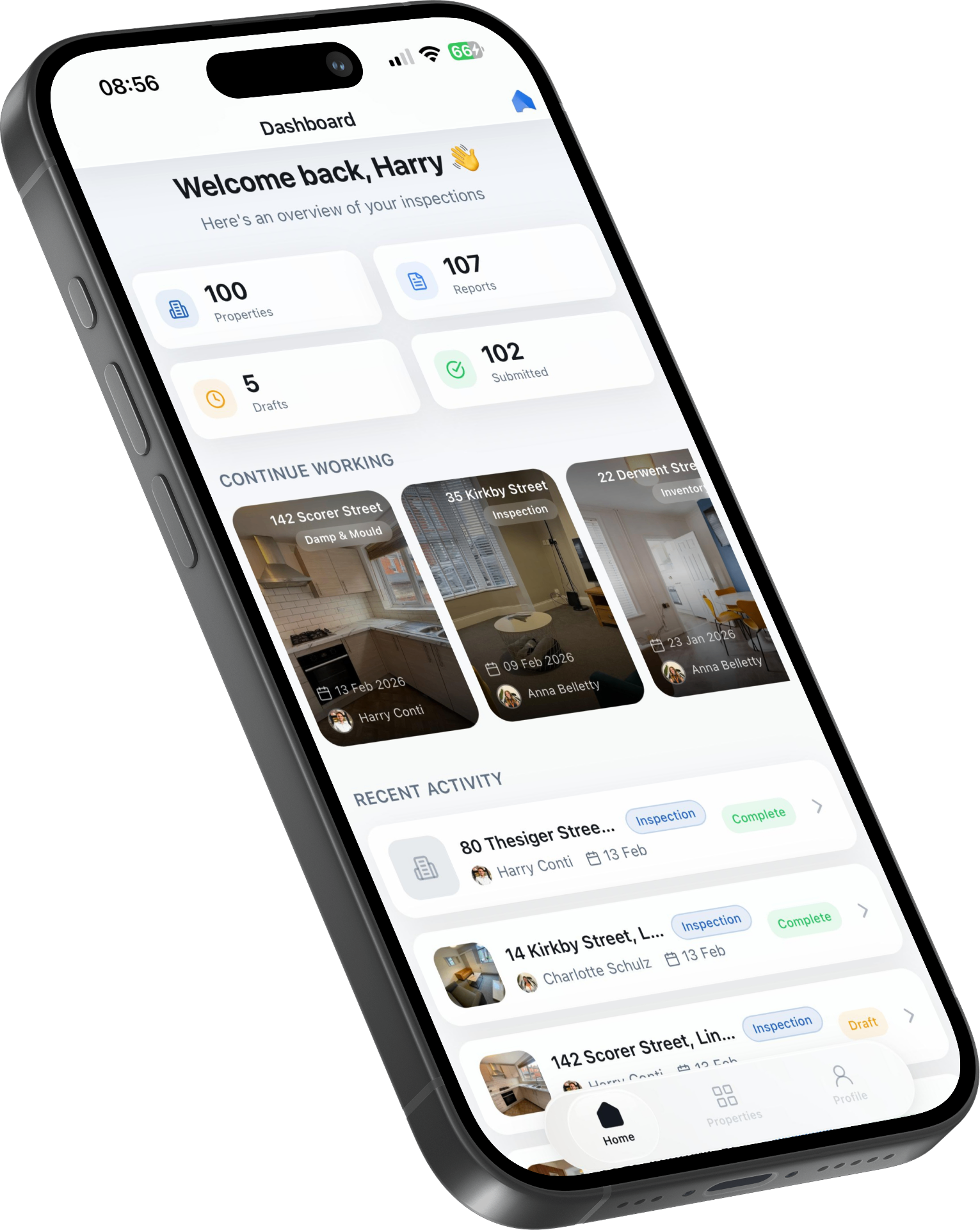Landlord using FreshRent app on a smartphone to create a property inspection report