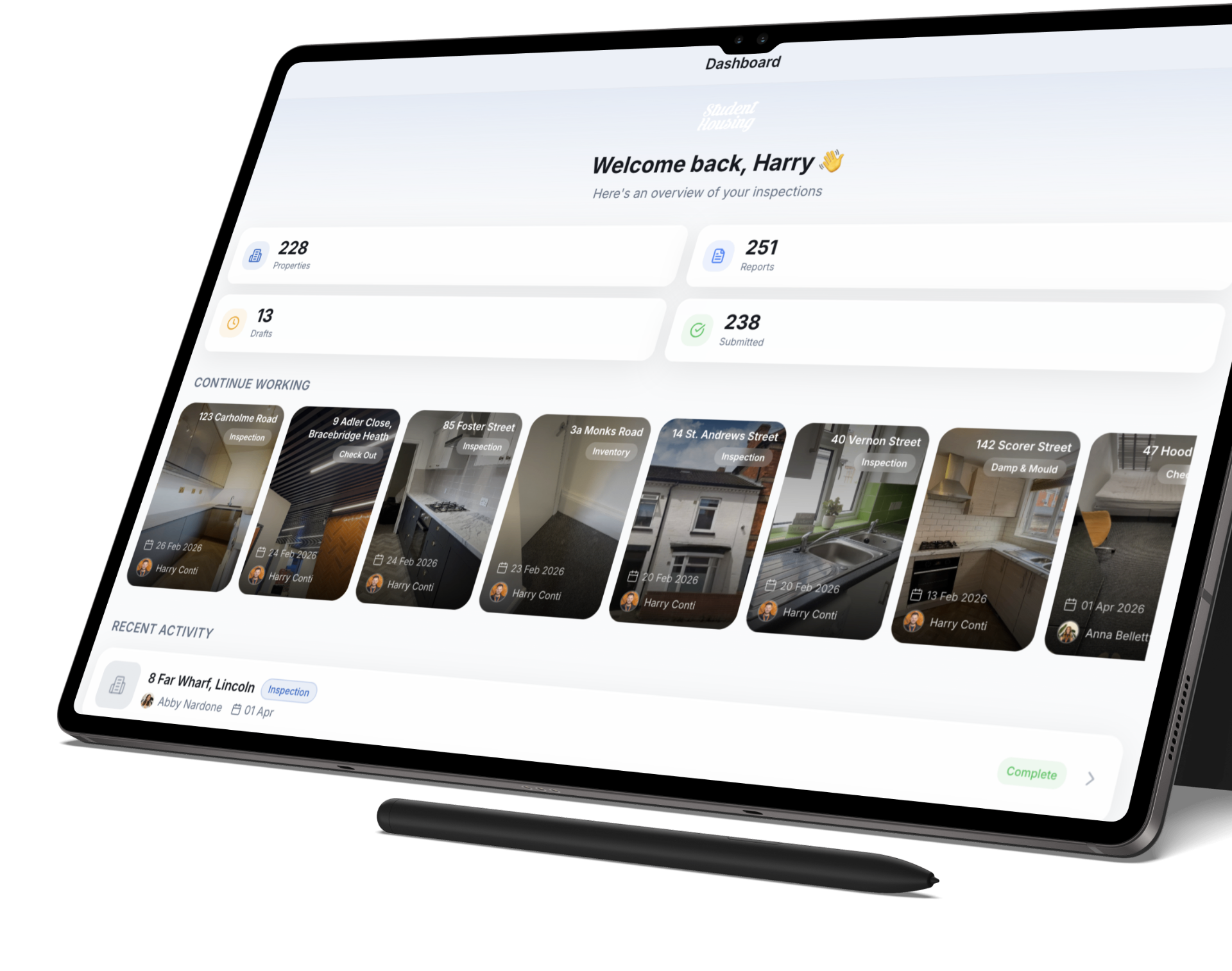 FreshRent dashboard used by a Cambridge letting agent to manage inventory reports